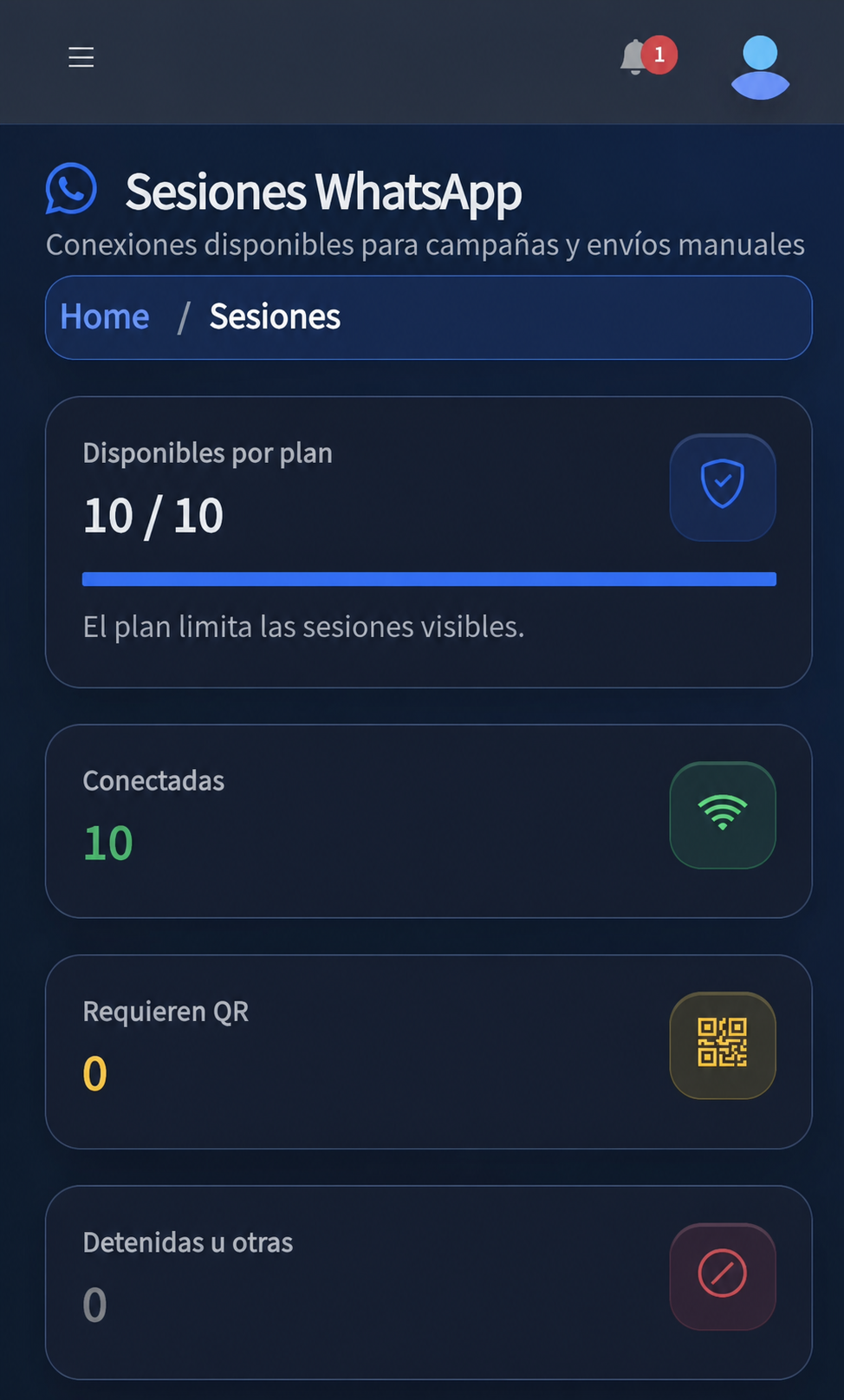 Vista móvil de sesiones WhatsApp en BaxSender